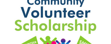 URSU Sustainable Community Volunteer Scholarship graphic. In the top left corner is the blue and green URSU shield logo and in the top right corner is the green URSU Eco logo. Below is the name of the scholarship then a globe with people raising their arms, around them are pennants that say "HELP" "VOLUNTEER" "SMILE" and "CLEAN"