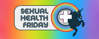 rainbow background with the Sexual Health Friday Logo featuring a Unicorn & rainbow with a white health cross in the centre and the text "Sexual Health Friday"